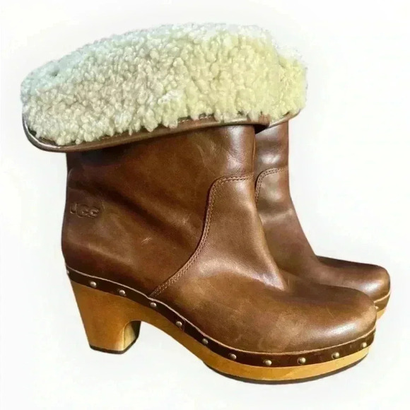 UGG Australia 1958 Brown Leather Fold Over Sheepskin Boots Womens - Picture 2 of 9